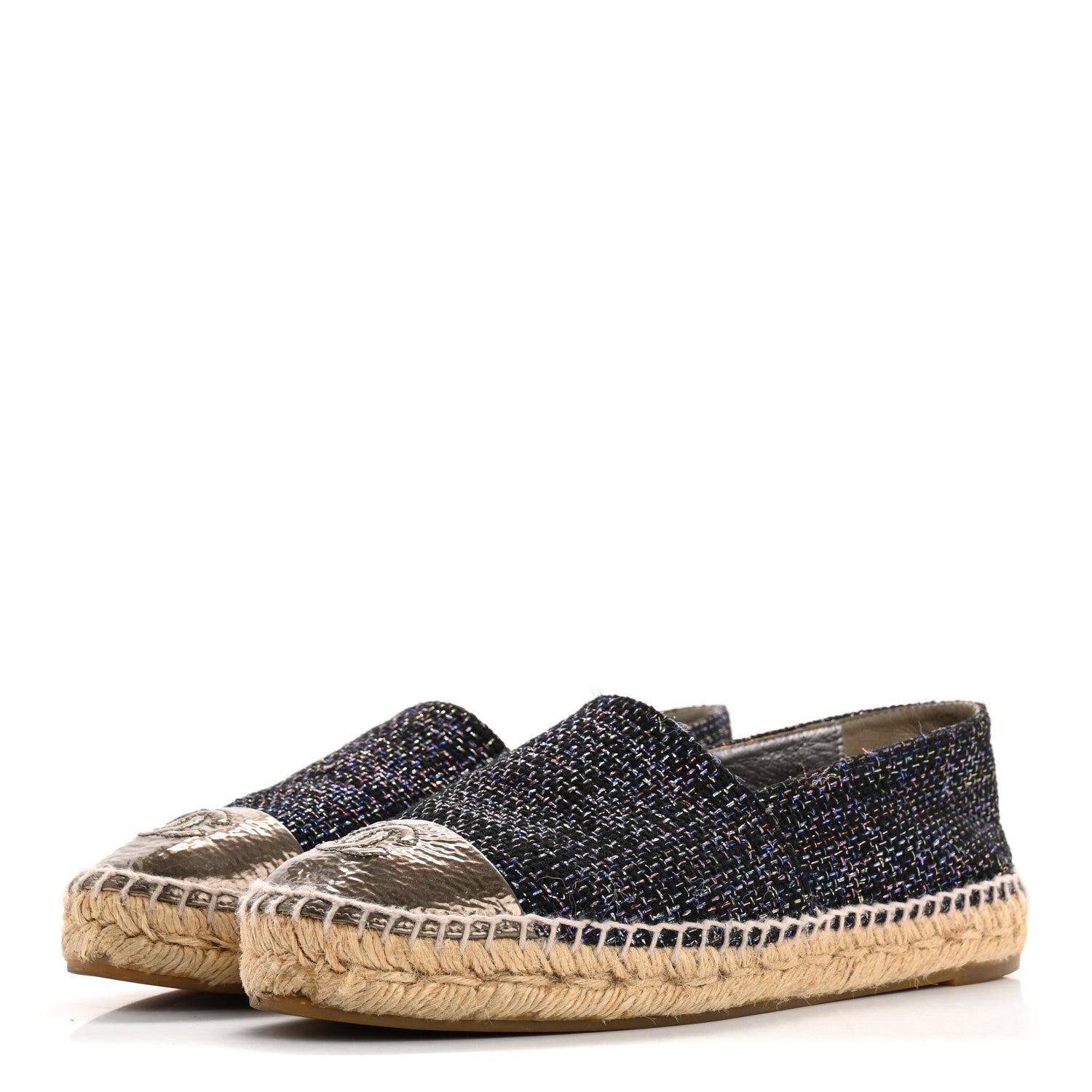Metallic Tweed Patent CC Espadrilles 37 Black Silver