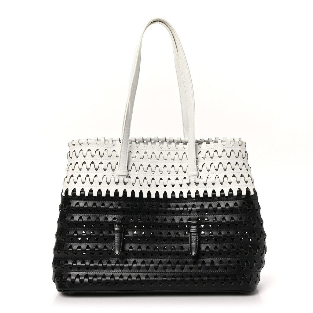 Woven Calfskin Mina Tote Black White