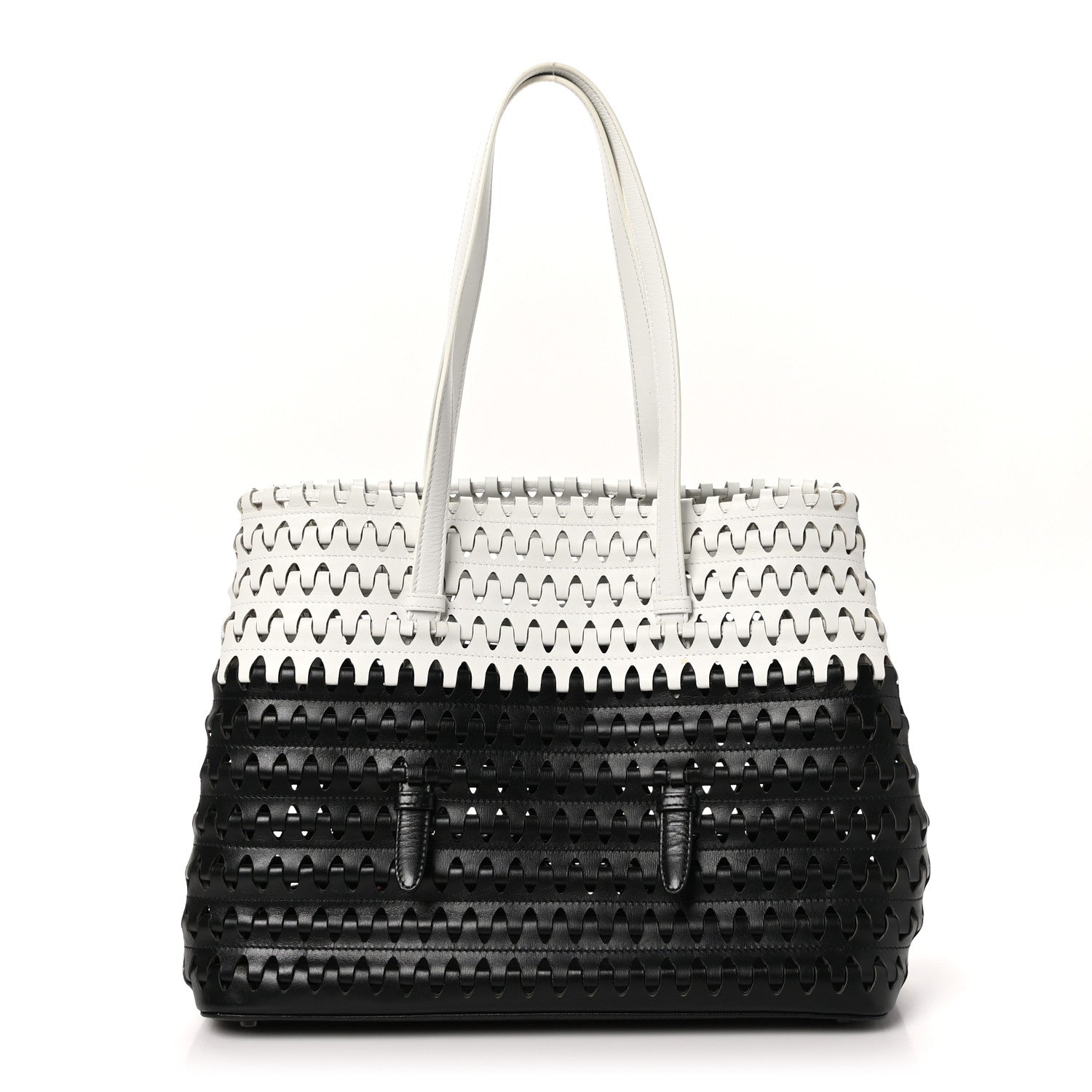 Woven Calfskin Mina Tote Black White