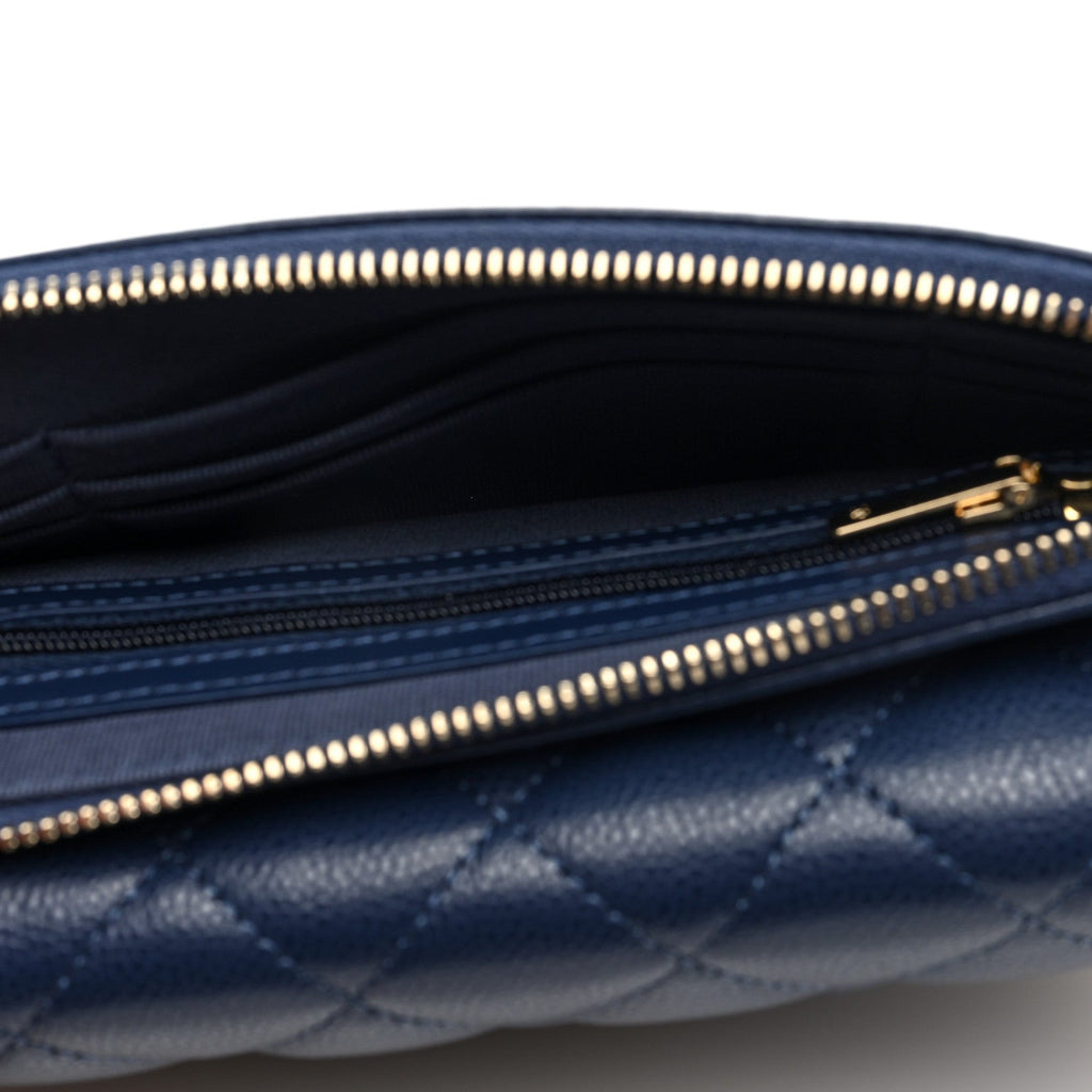 Caviar Quilted Flap Phone Holder With Chain Navy Blue