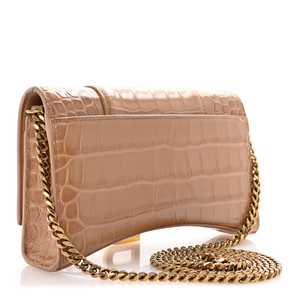 Shiny Calfskin Crocodile Embossed Hourglass Wallet on Chain Nude Beige
