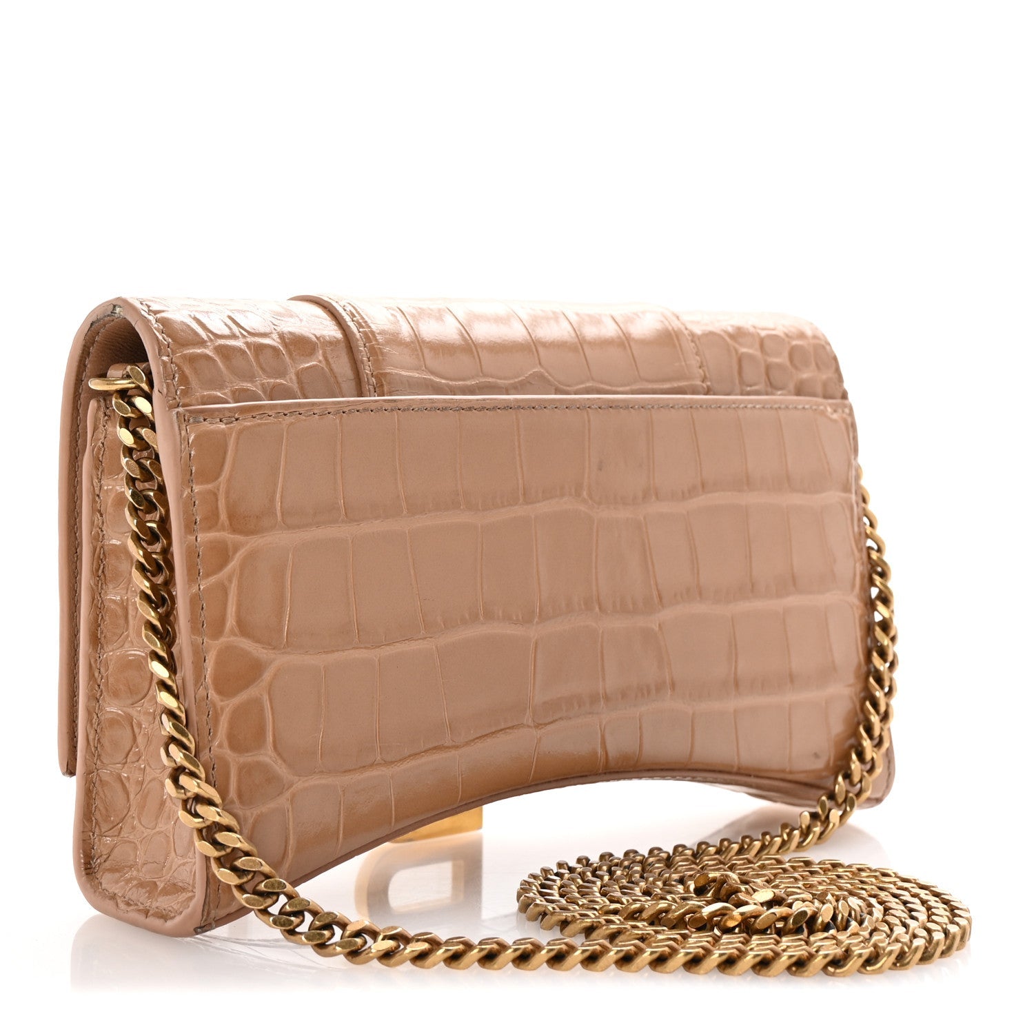 Shiny Calfskin Crocodile Embossed Hourglass Wallet on Chain Nude Beige