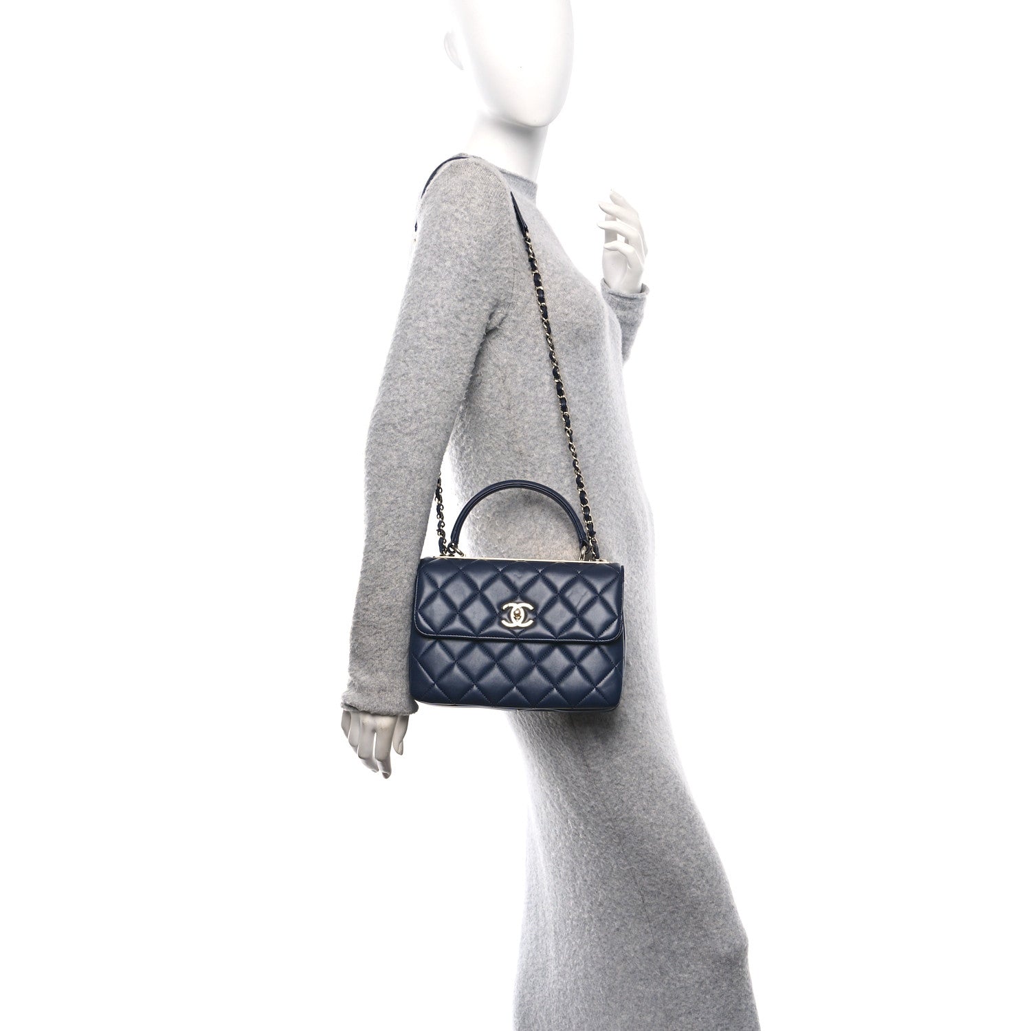 Lambskin Quilted Small Trendy CC Flap Dual Handle Bag Navy