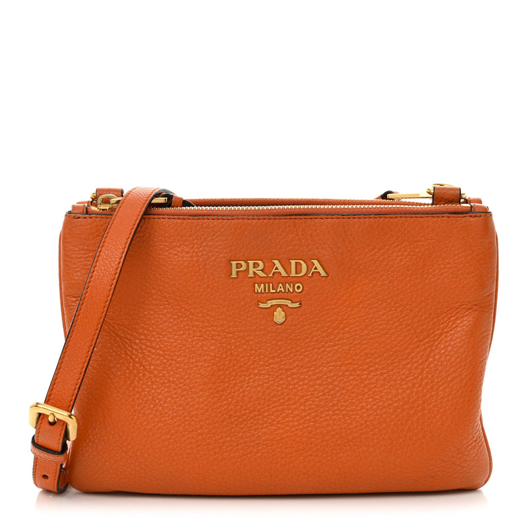Vitello Phenix Double Zip Crossbody Bag Papaya