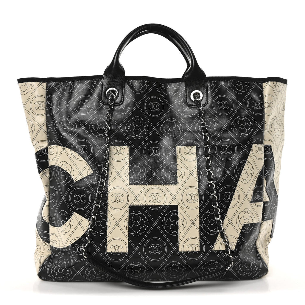 Coated Canvas Camellia Medium Shopping Tote Black Beige