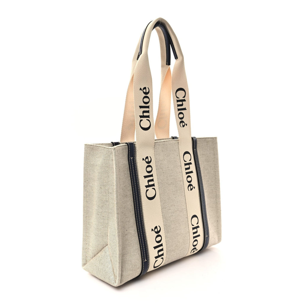 Linen Calfskin Medium Woody Ribbon Tote White Blue