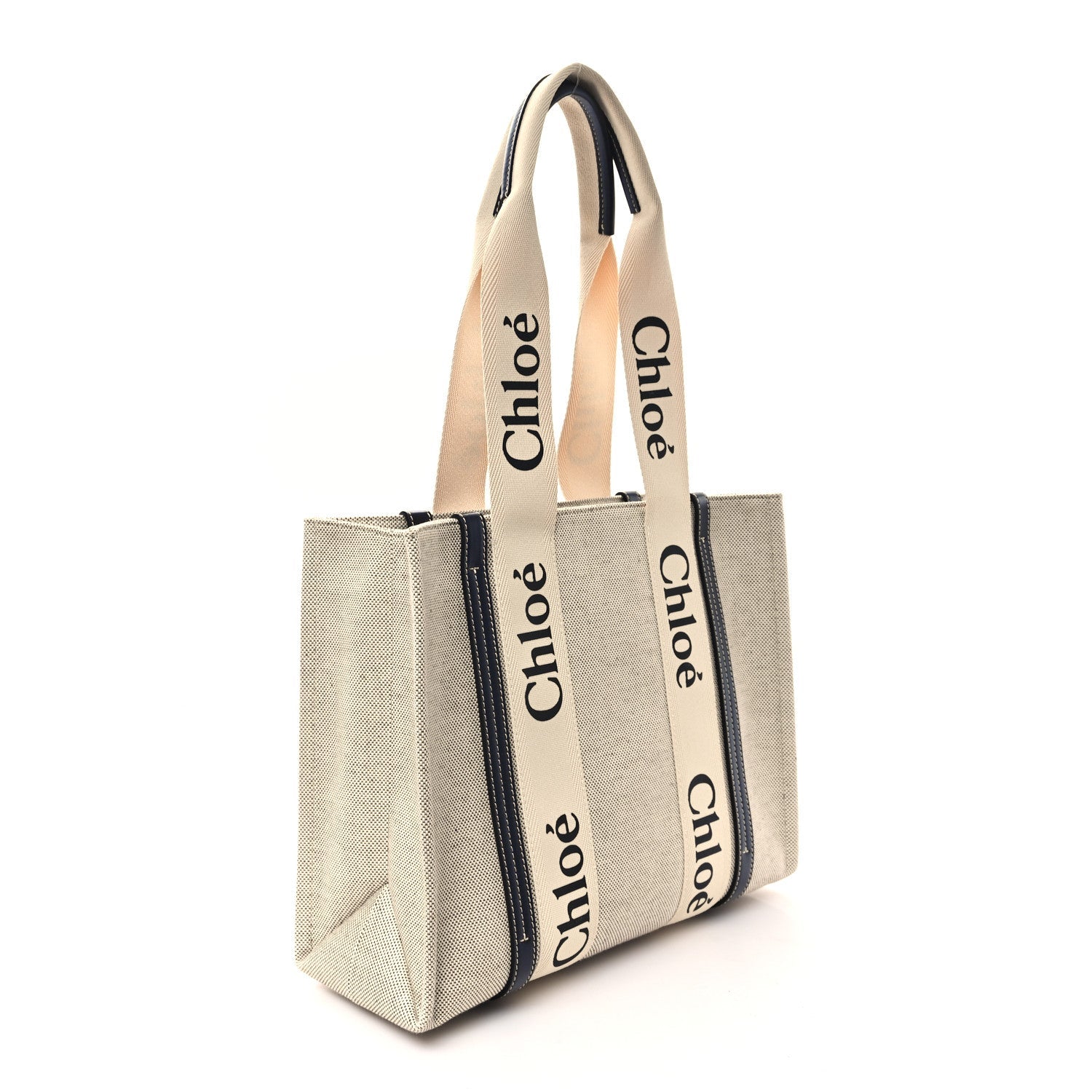 Linen Calfskin Medium Woody Ribbon Tote White Blue