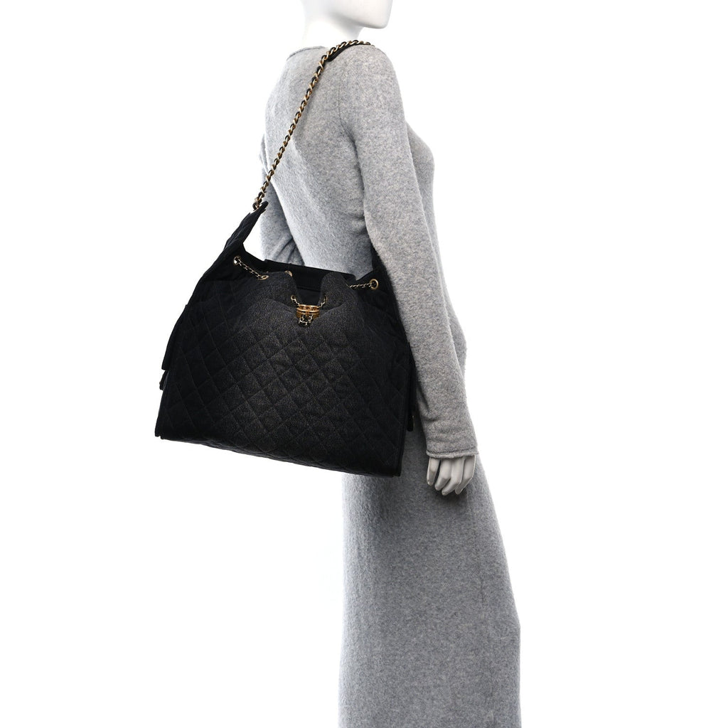 Washed Denim Quilted Large Chanel 25 Handbag Black
