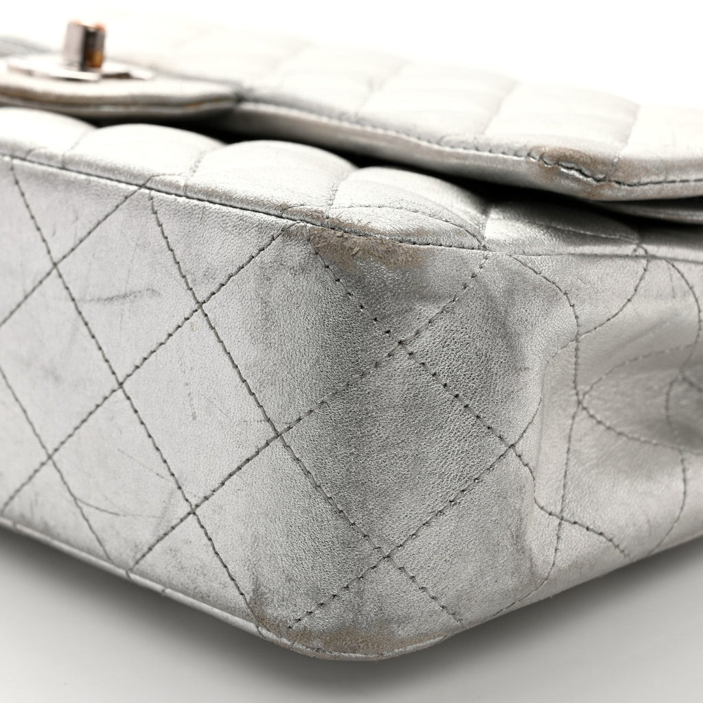 Metallic Lambskin Quilted Medium Double Flap Silver