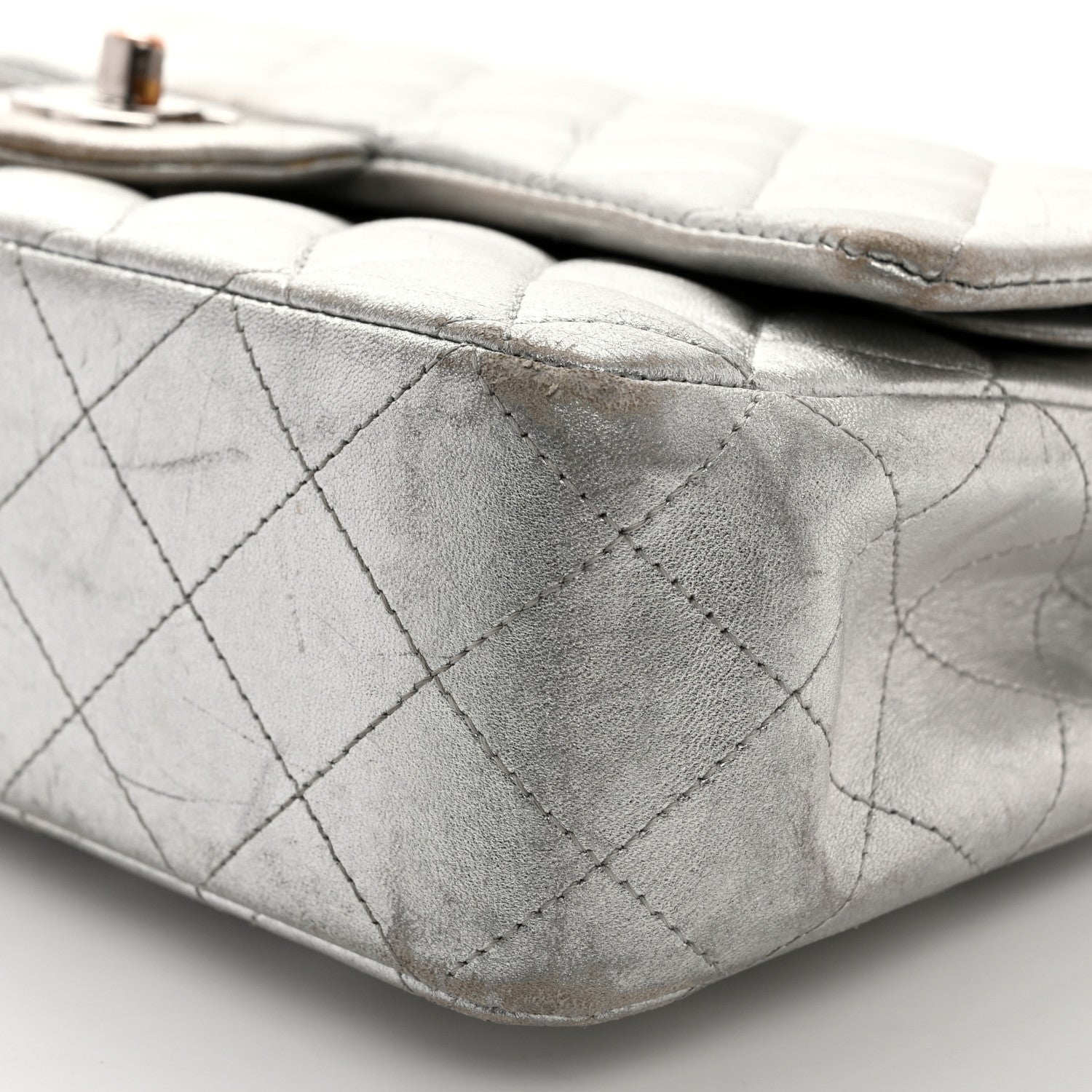 Metallic Lambskin Quilted Medium Double Flap Silver