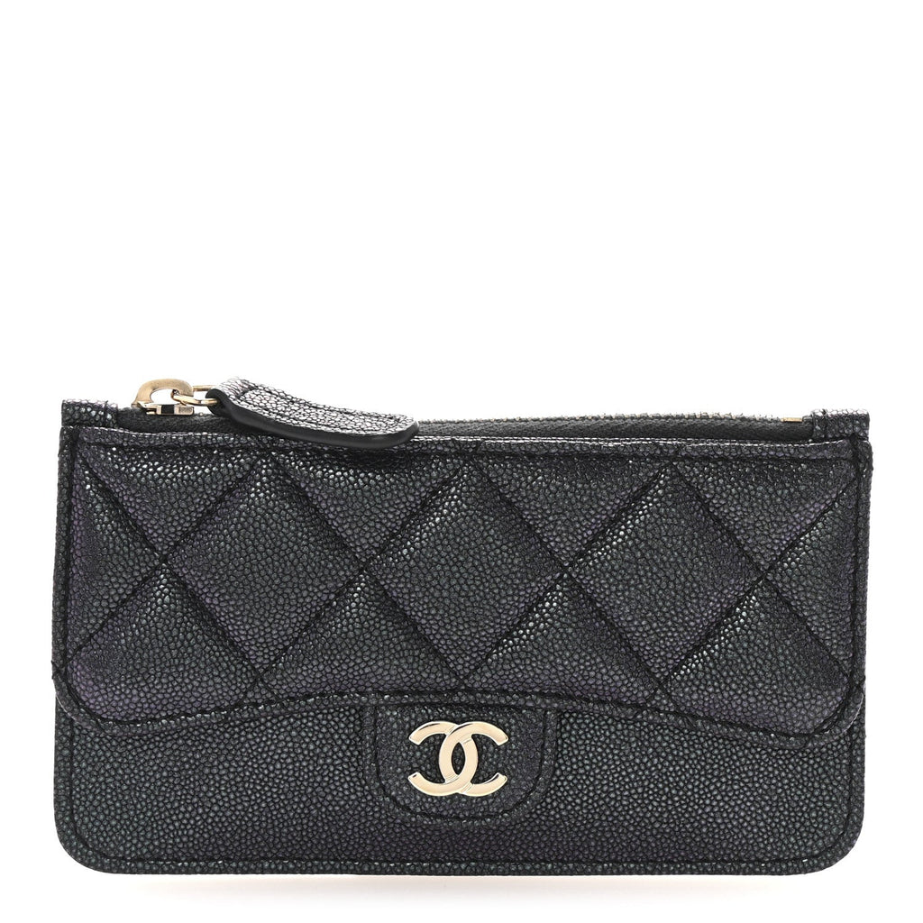 Iridescent Caviar Quilted Flap Zip  Holder Black