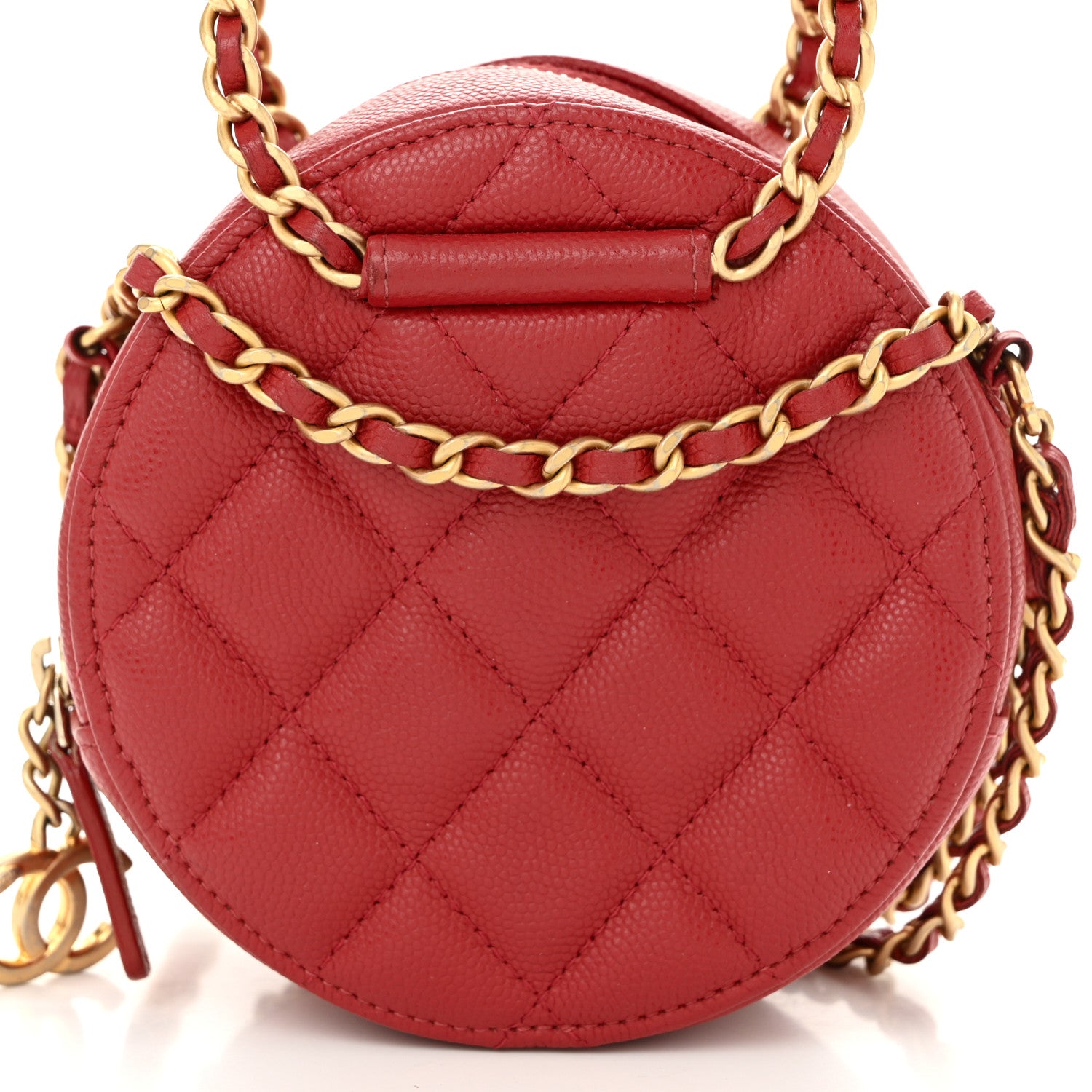 Caviar Quilted Chain Handle Round Clutch With Chain Bag  Red