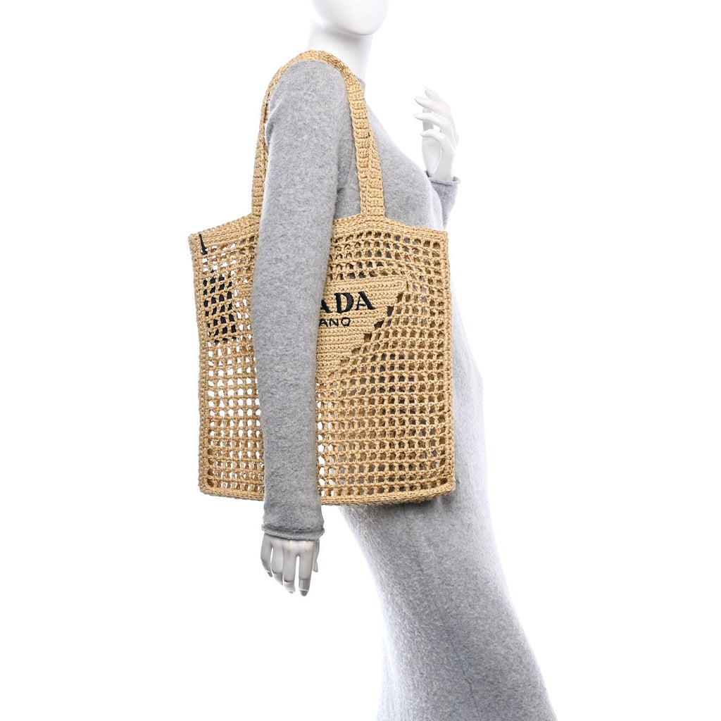 Yarn Raffia Effect Crochet Logo Embroidered Tote Bag Naturale