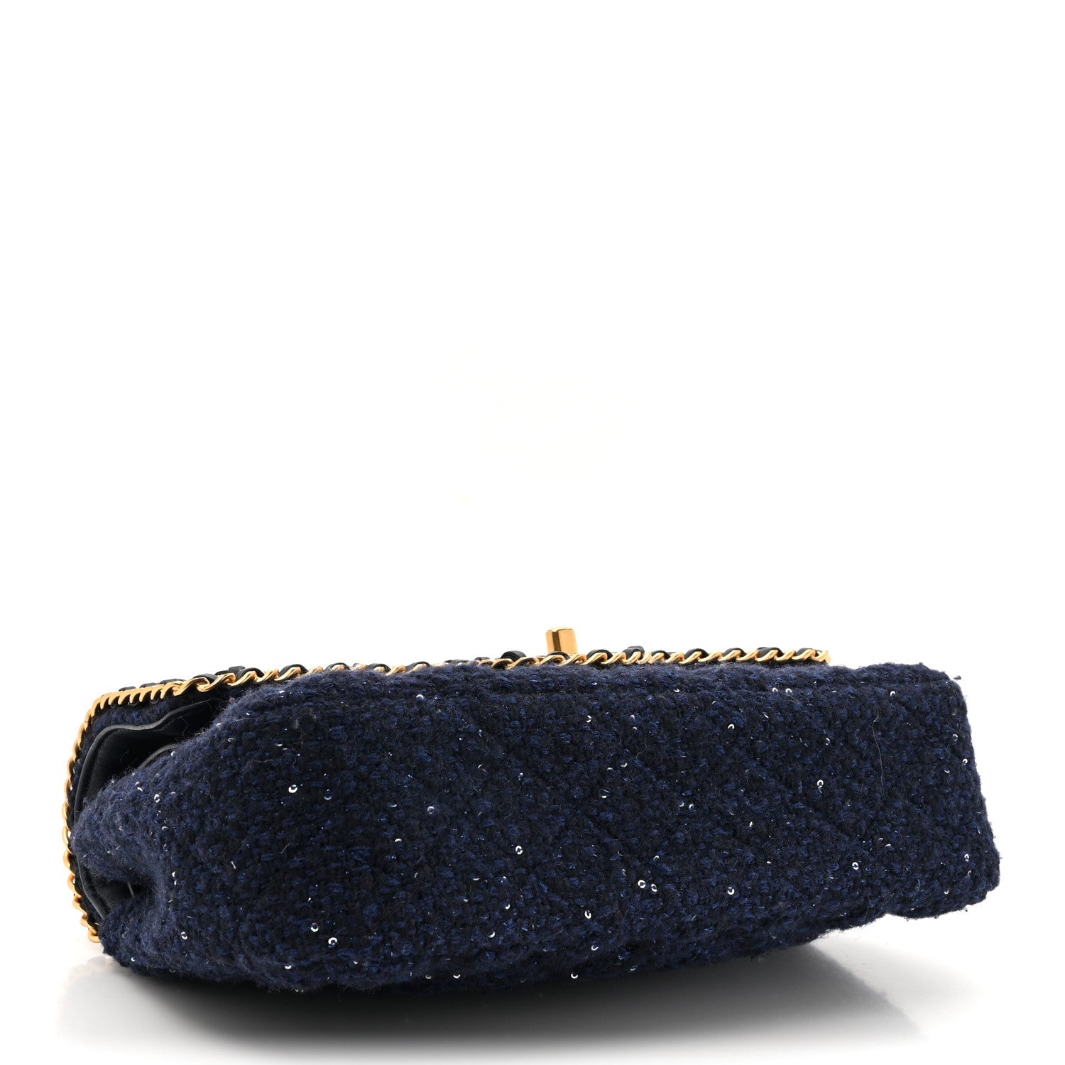 Tweed Sequin Timeless Classic Chained Double Flap Navy Blue