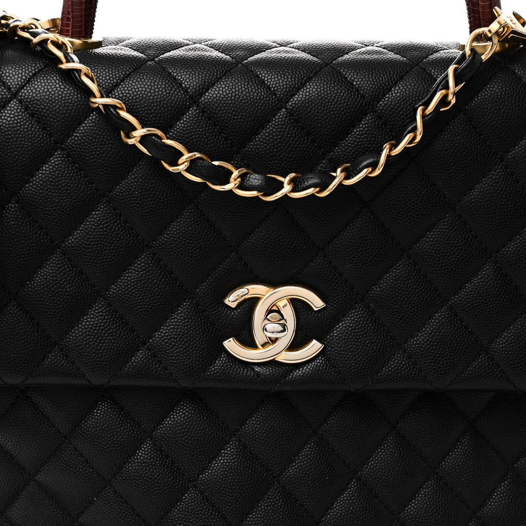 Caviar Lizard Quilted Large Coco Handle Flap Black