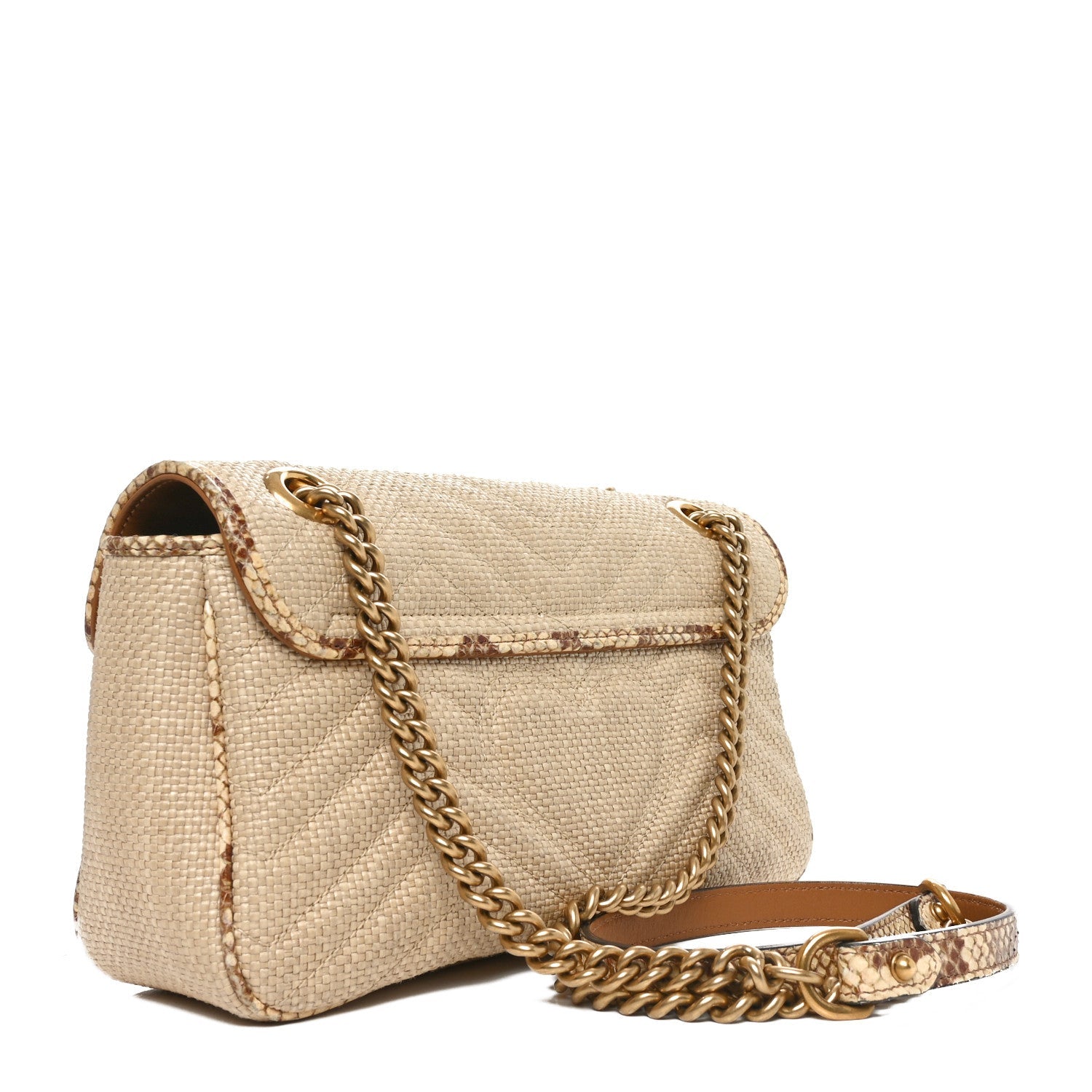 Raffia Elaphe Matelasse Small GG Marmont Shoulder Bag Natural Cream Brown