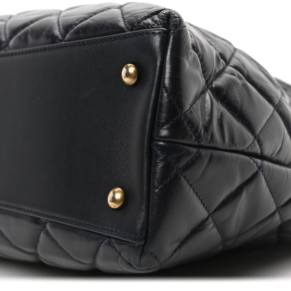 Calfskin Quilted Large Gold Bar Top Handle Tote Dark Navy Blue