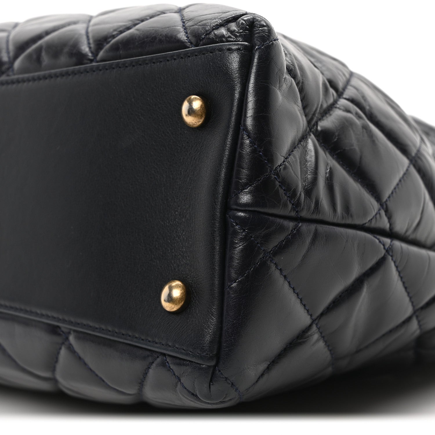 Calfskin Quilted Large Gold Bar Top Handle Tote Dark Navy Blue