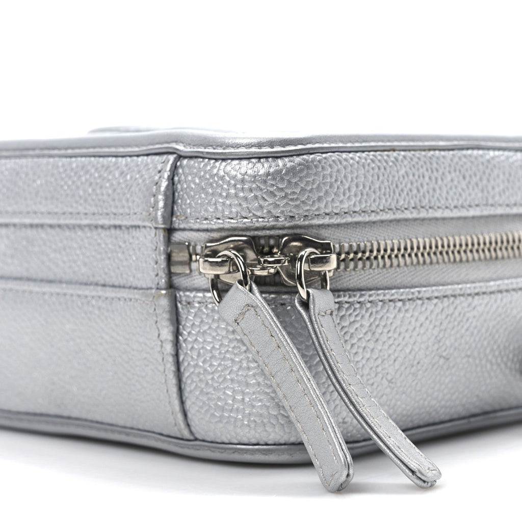 Metallic Caviar Quilted Small CC Filigree Vanity Case Silver
