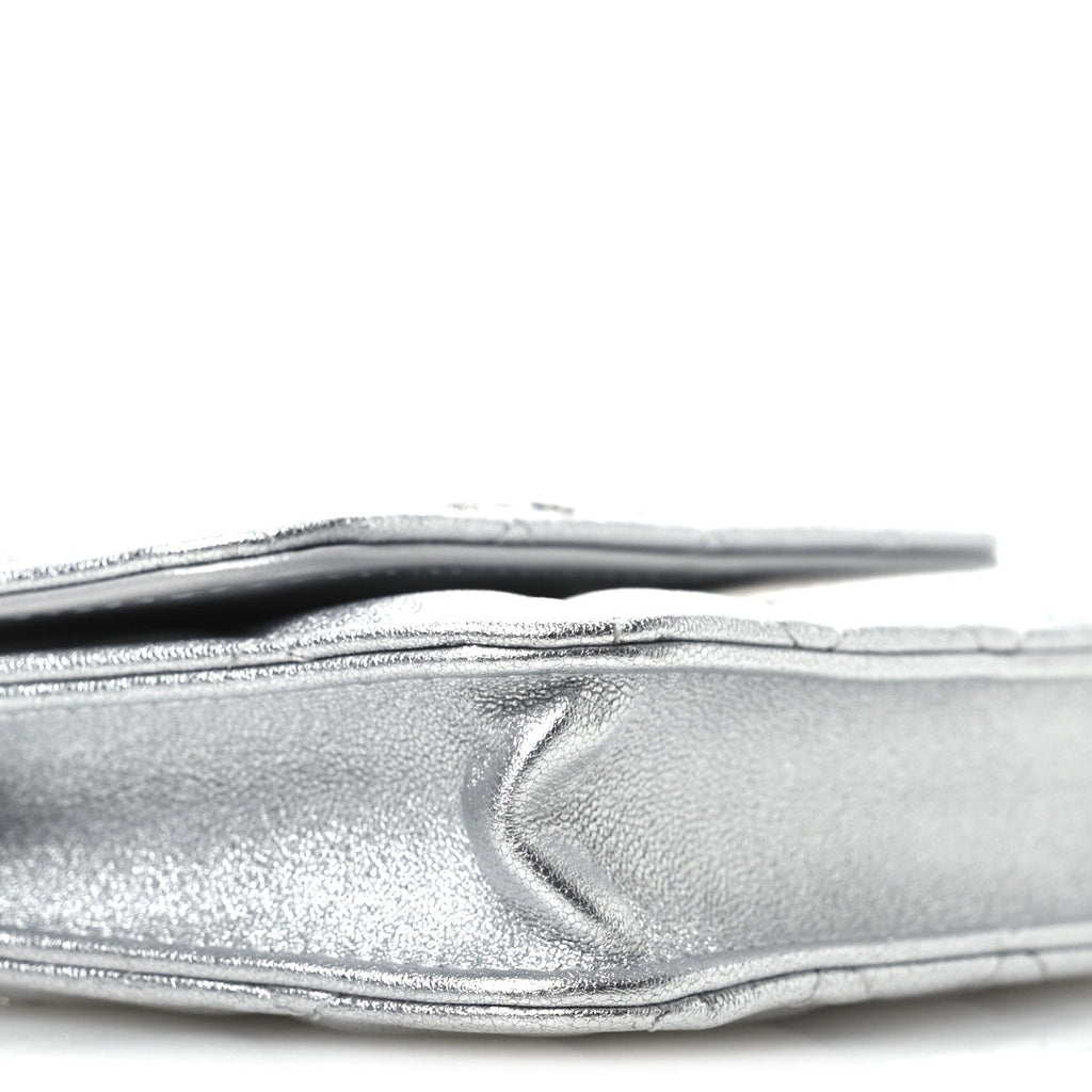 Metallic Goatskin Quilted Crystal CC Walk Of Fame Clutch With Chain Silver