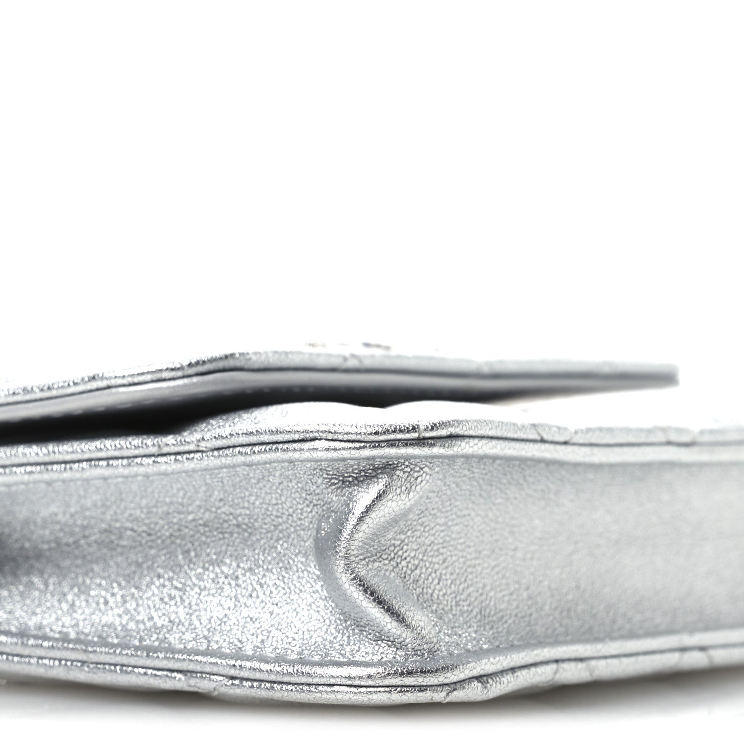Metallic Goatskin Quilted Crystal CC Walk Of Fame Clutch With Chain Silver