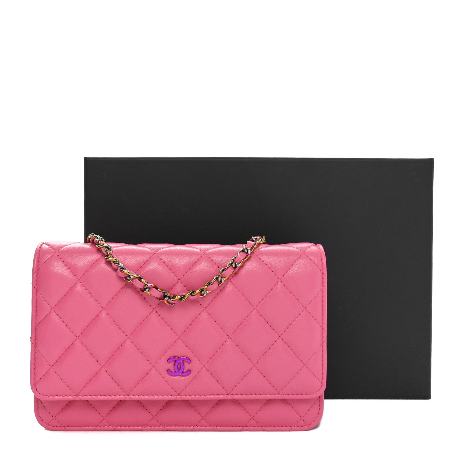 Lambskin Quilted Wallet On Chain WOC Pink Yellow
