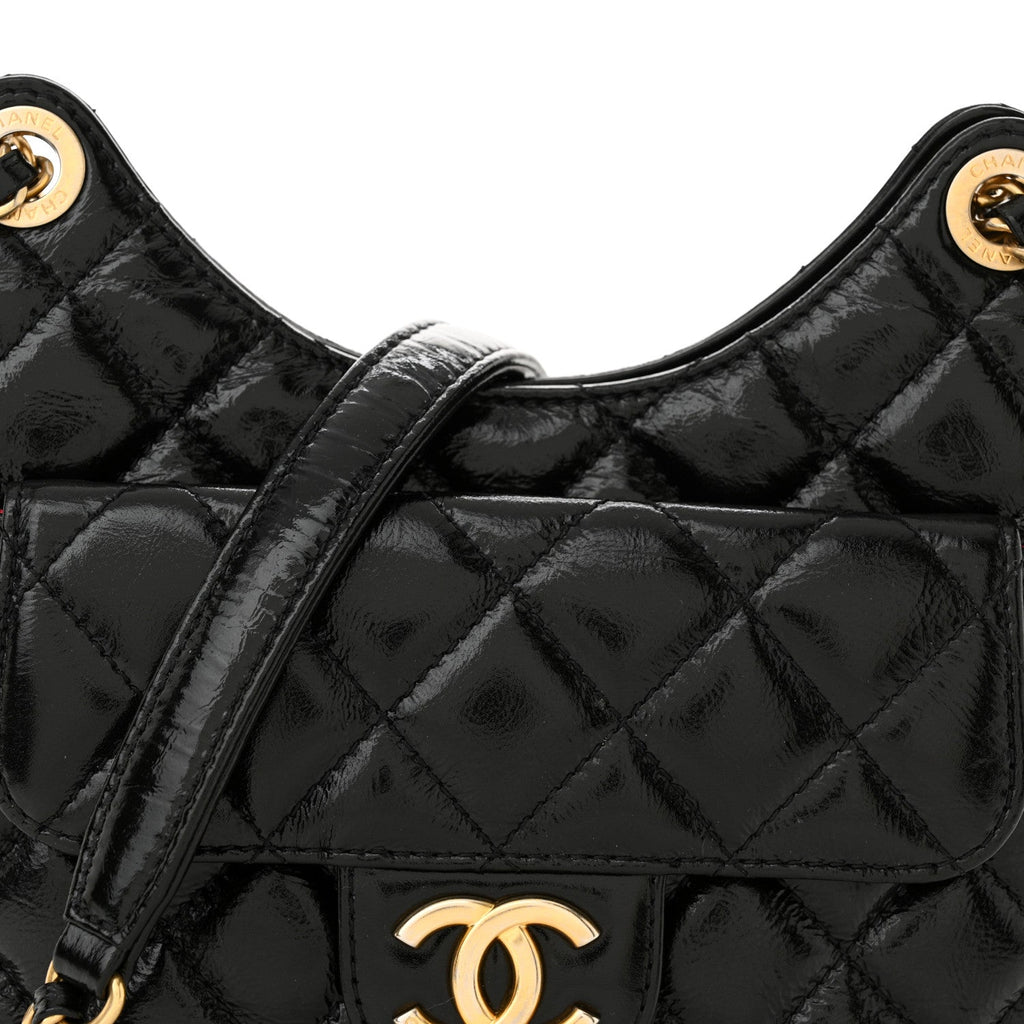Shiny Crumpled Calfskin Quilted Small Wavy CC Hobo Black
