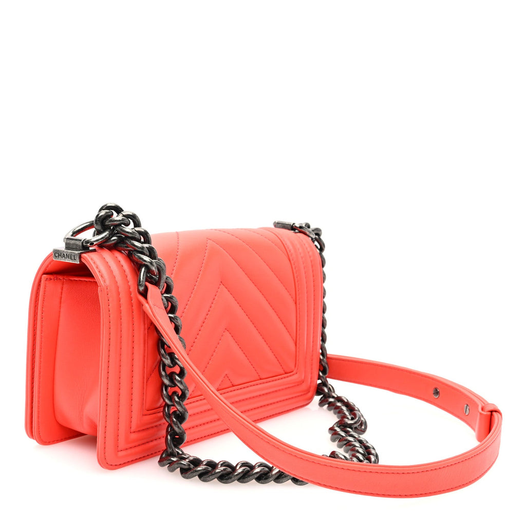Calfskin Chevron Quilted Small Boy Flap Coral