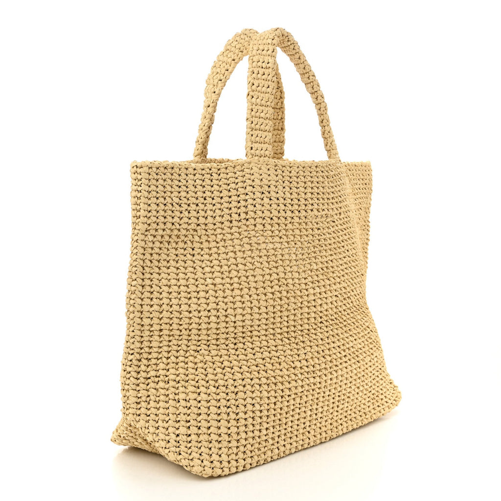 Yarn Raffia Effect Crochet Embroidered Logo Tote Naturale