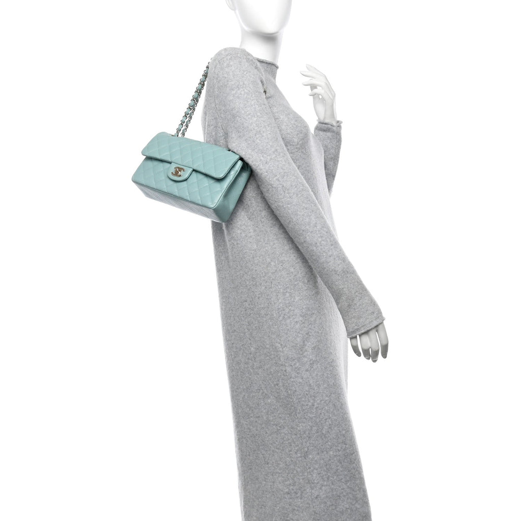 Caviar Quilted Small Double Flap Light Blue