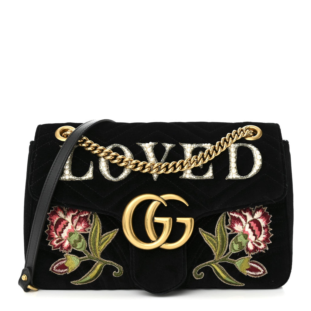 Velvet Matelasse Loved Embroidered Medium GG Marmont Shoulder Bag Black