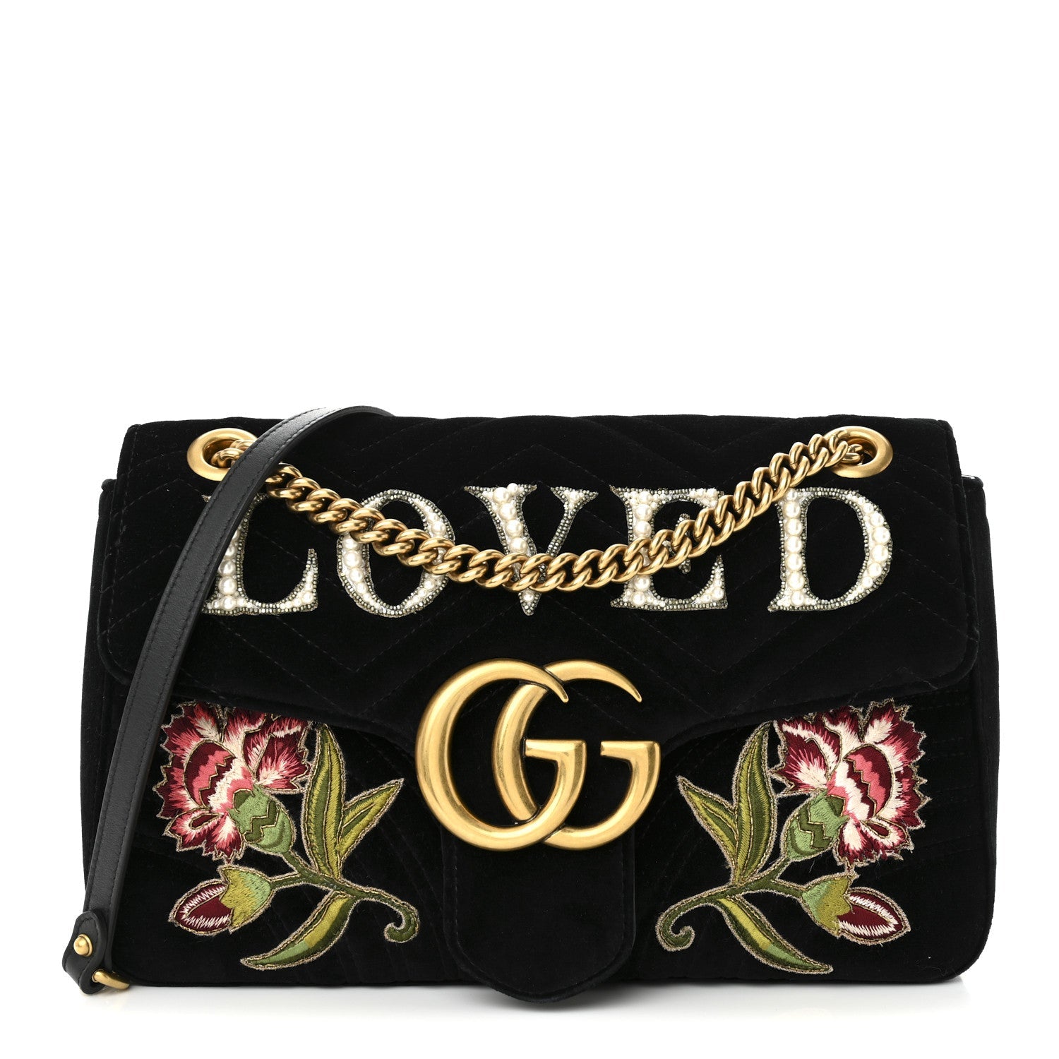 Velvet Matelasse Loved Embroidered Medium GG Marmont Shoulder Bag Black