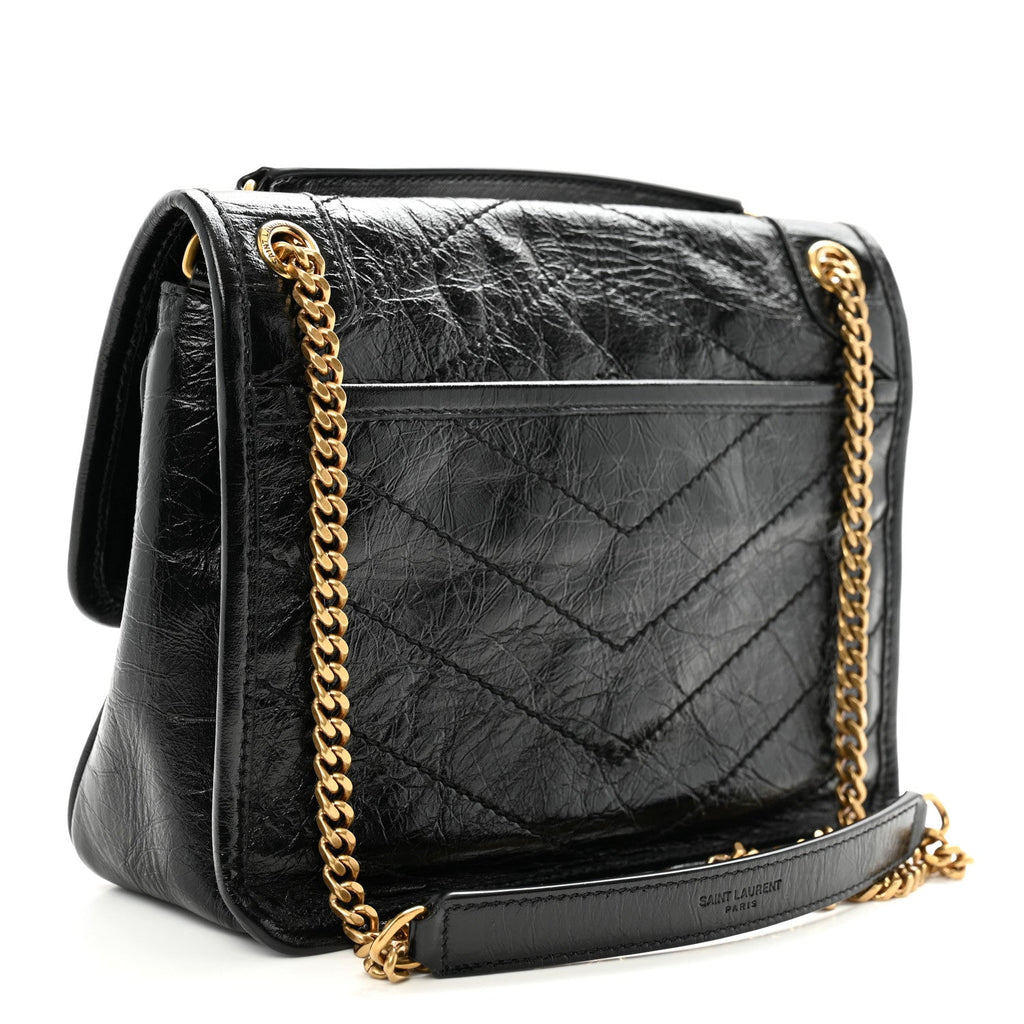 Crinkled Calfskin Matelasse Monogram Baby Niki Chain Satchel Black