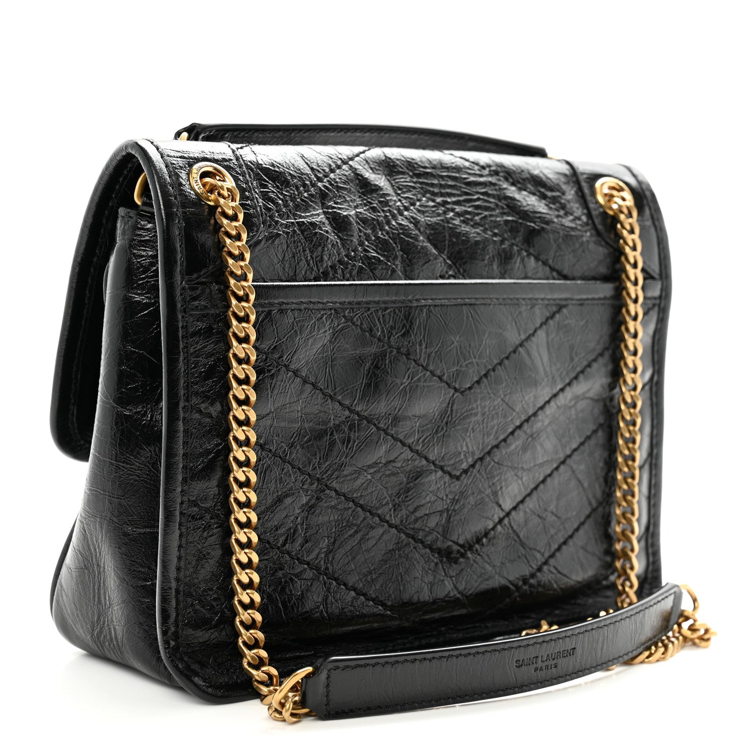 Crinkled Calfskin Matelasse Monogram Baby Niki Chain Satchel Black