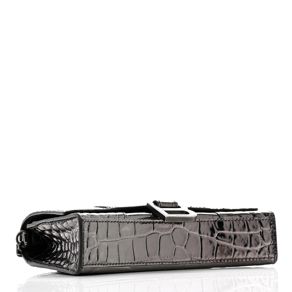 Shiny Metallic Calfskin Crocodile Embossed Hourglass Chain Bag Gunmetal