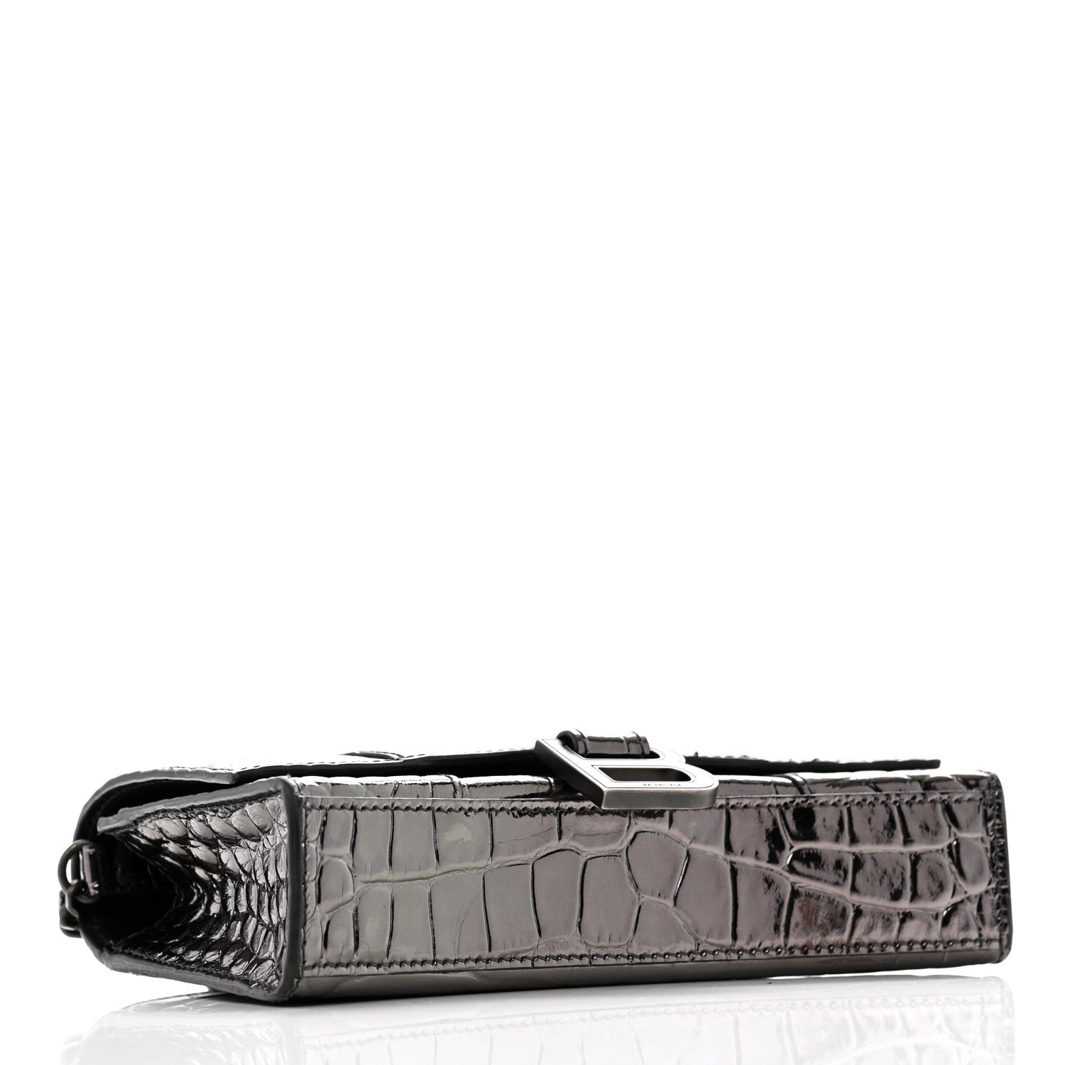 Shiny Metallic Calfskin Crocodile Embossed Hourglass Chain Bag Gunmetal