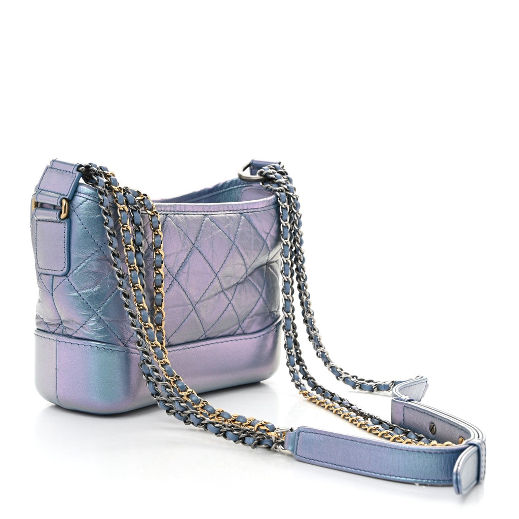 Iridescent Aged Calfskin Quilted Small Gabrielle Hobo Blue