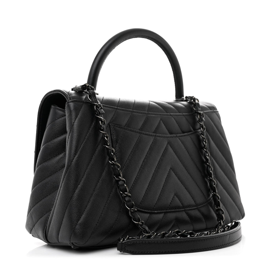 Caviar Chevron Quilted Small Coco Handle Flap So Black