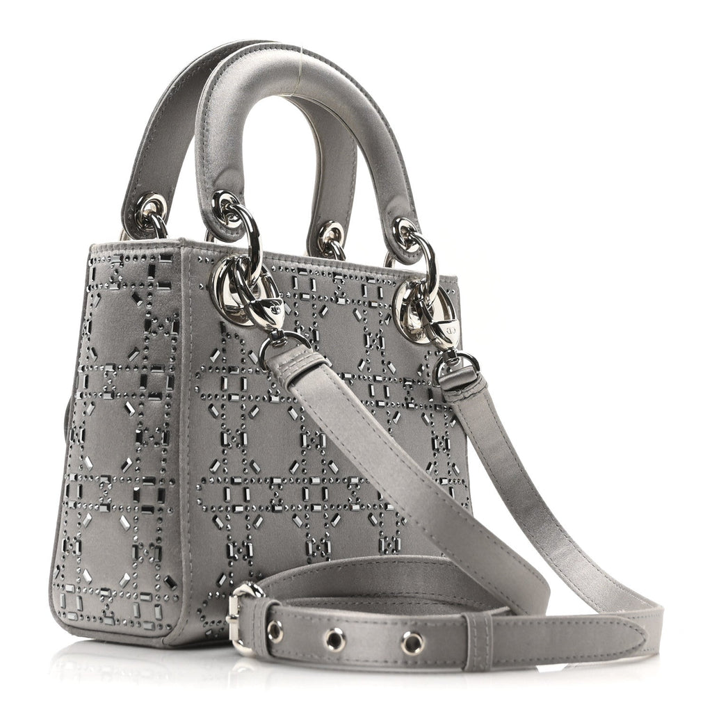 Satin Crystal Cannage Mini Lady Dior Gray