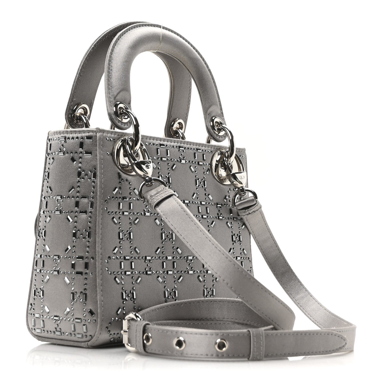 Satin Crystal Cannage Mini Lady Dior Gray