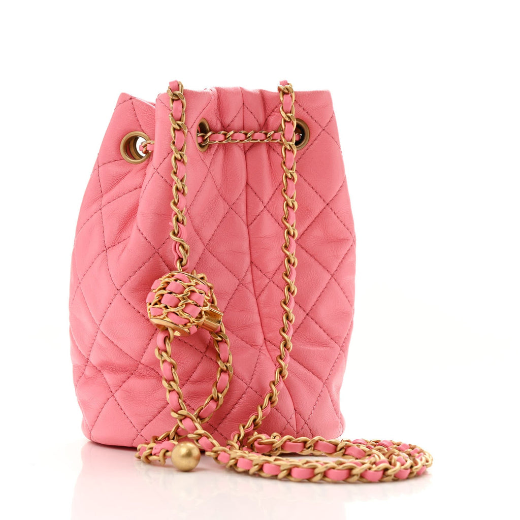 Lambskin Quilted Pearl Crush Drawstring Bag Pink