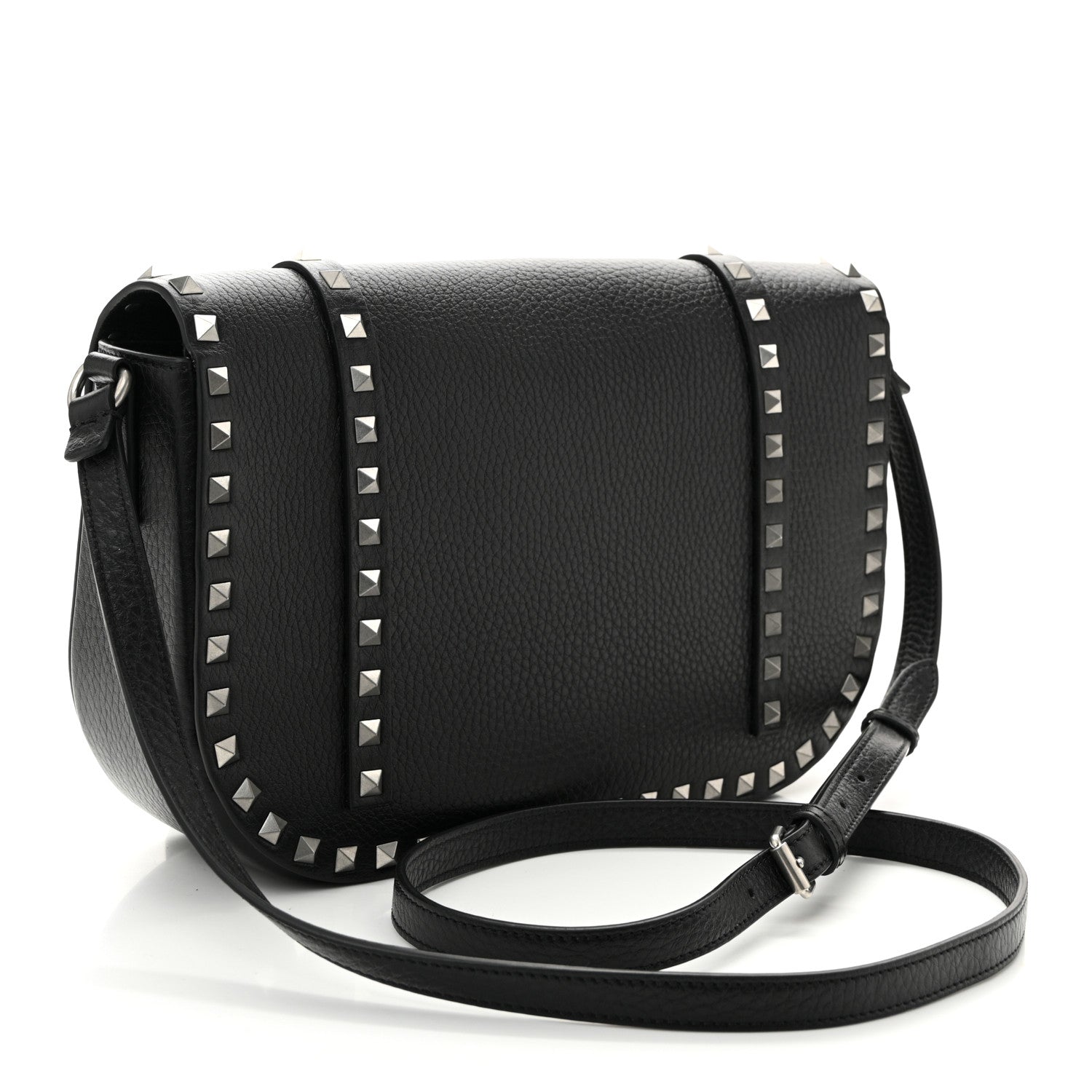 Pebbled Calfskin Large Rockstud Messenger Black