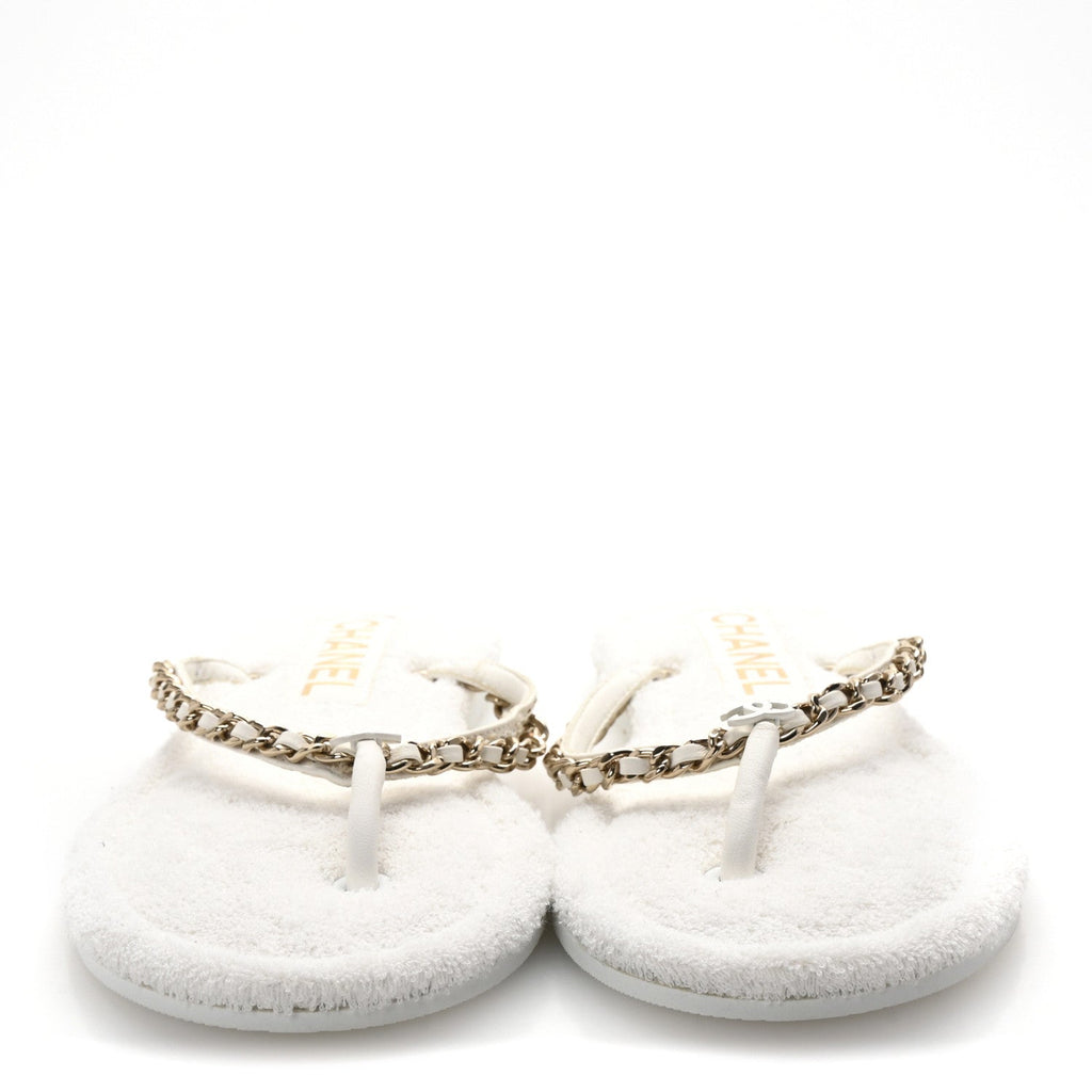 Lambskin Terry Cloth CC Chain Thong Sandals 36 White