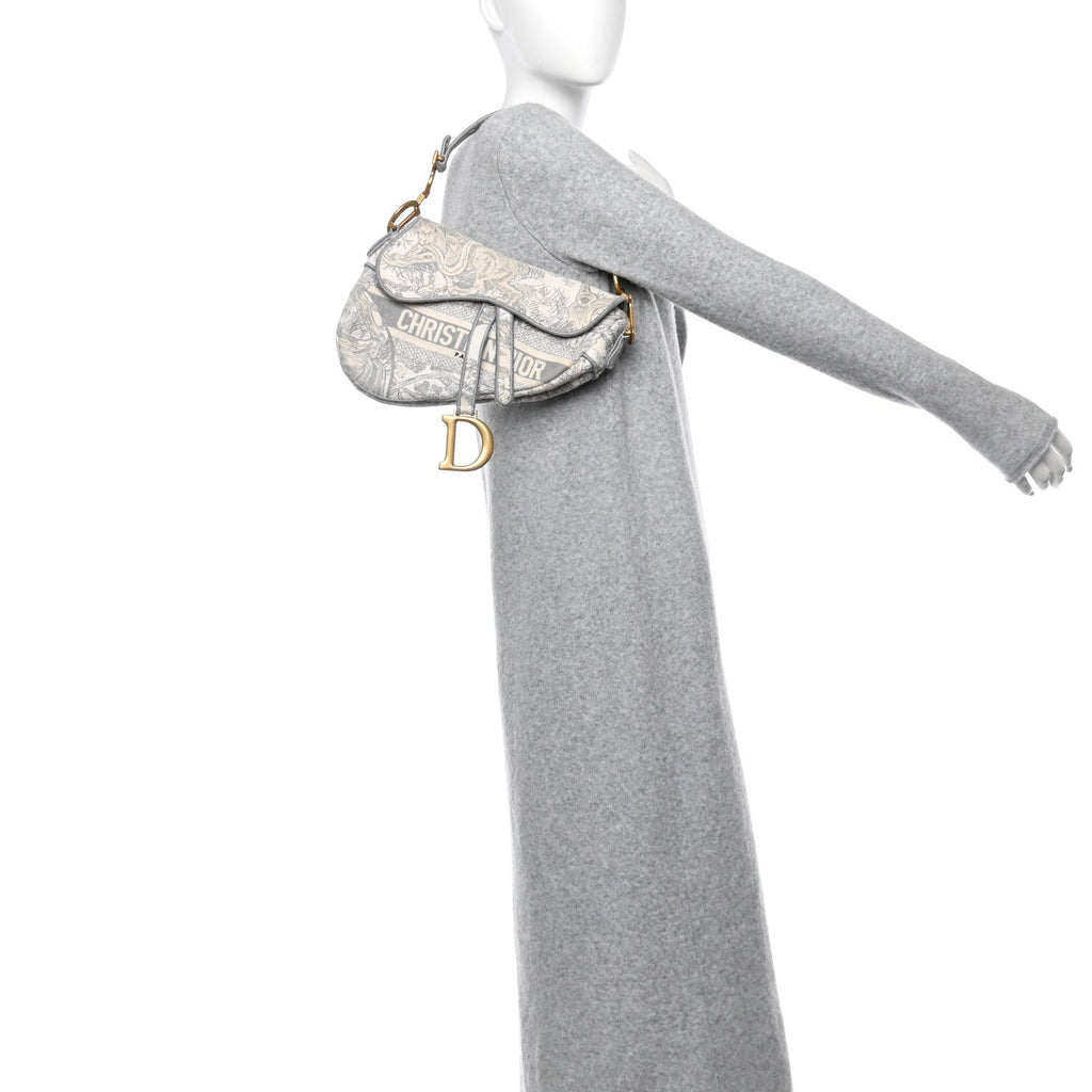 Canvas Embroidered Toile de Jouy Saddle Bag Gray