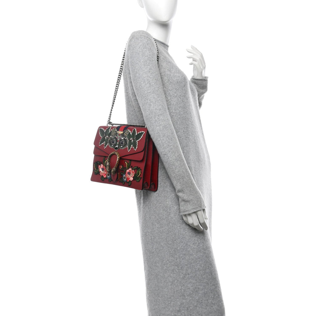 Calfskin Web Raccoon Embroidered Medium Dionysus Shoulder Bag Red
