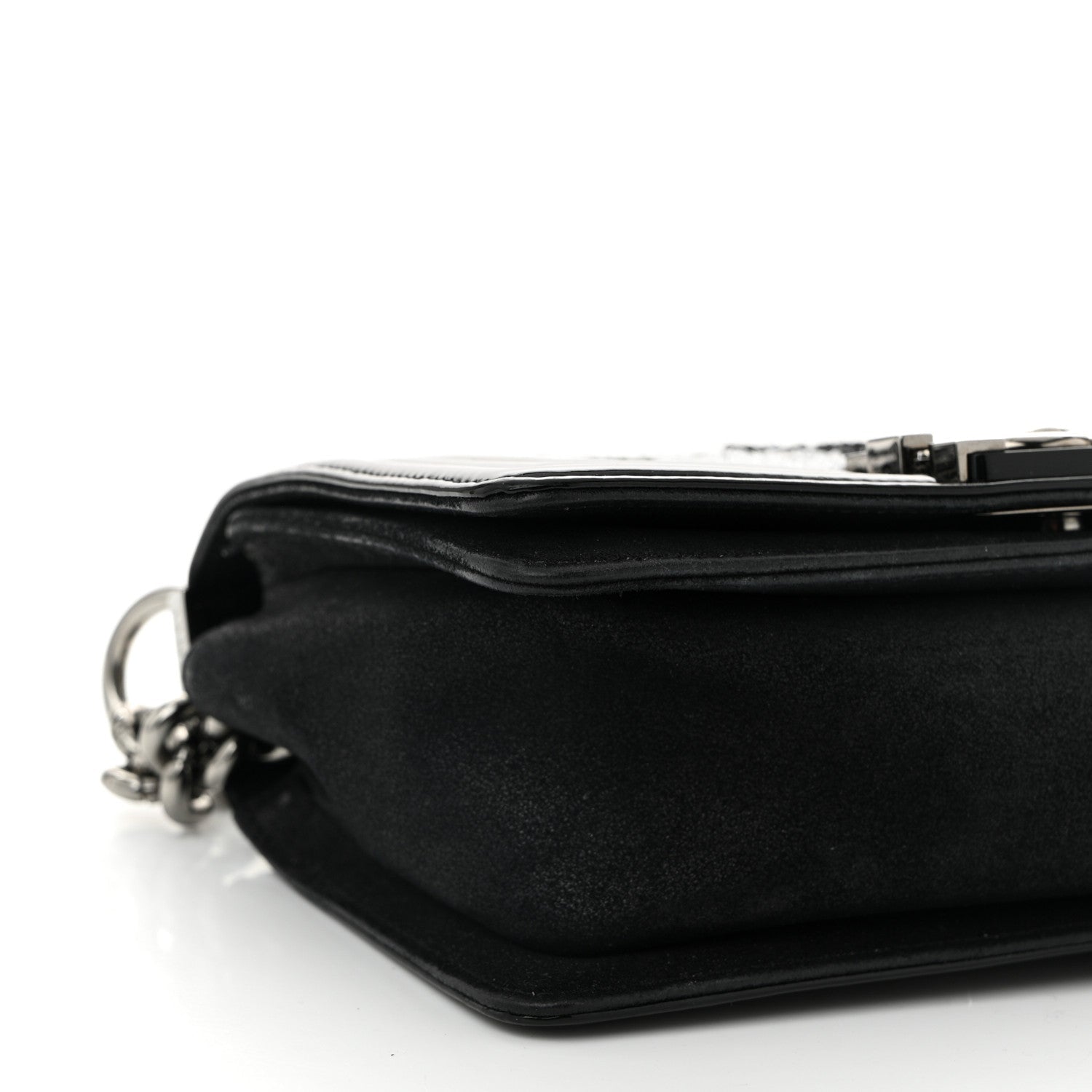 Patent Iridescent Calfskin Sequin Medium Boy Flap Bag Black