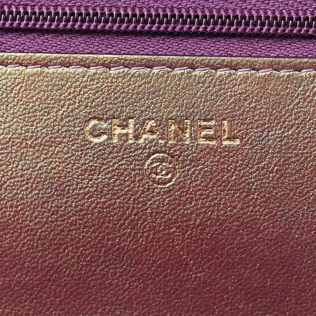 Iridescent Lambskin Quilted Wallet On Chain WOC Purple