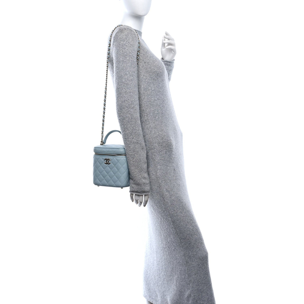 Caviar Quilted Small Top Handle Vanity Case With Chain Light Blue