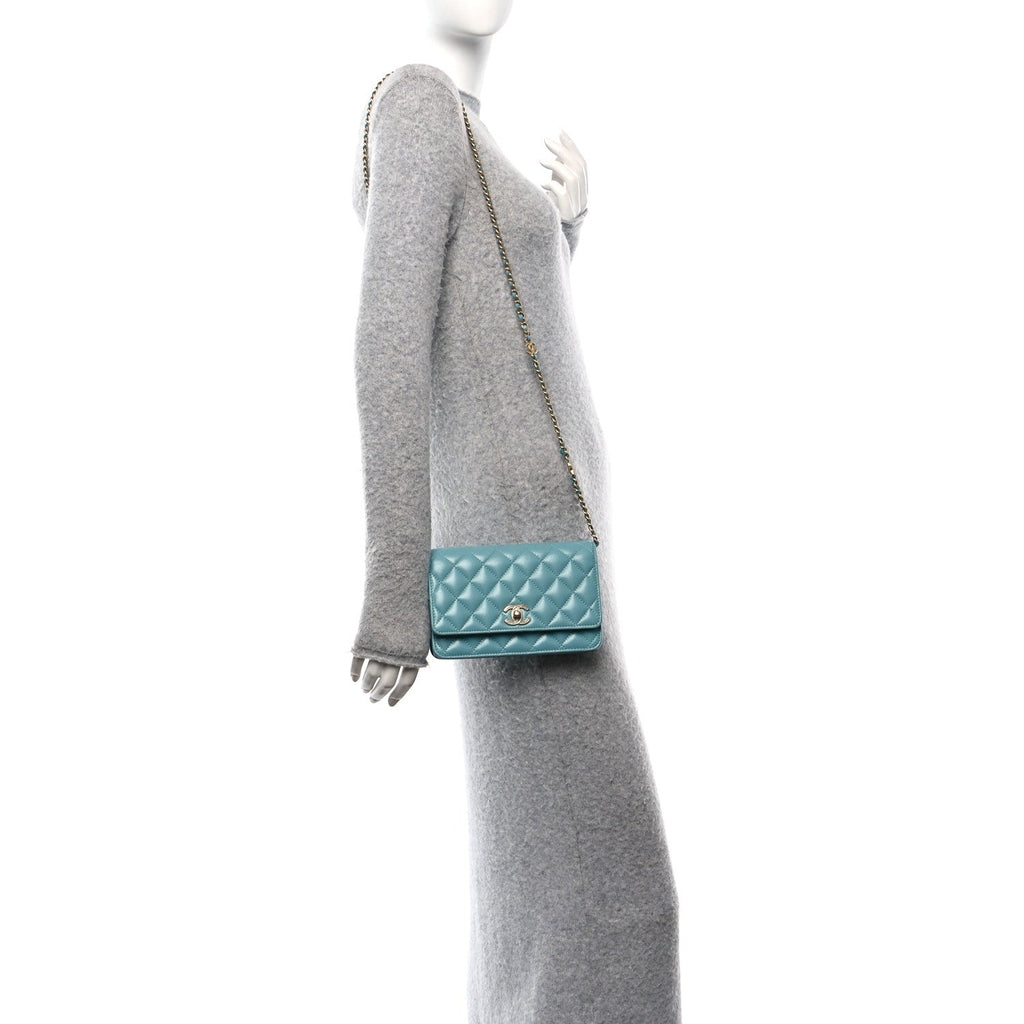 Caviar Quilted Glitter CC Roller Skate Wallet on Chain WOC Light Blue