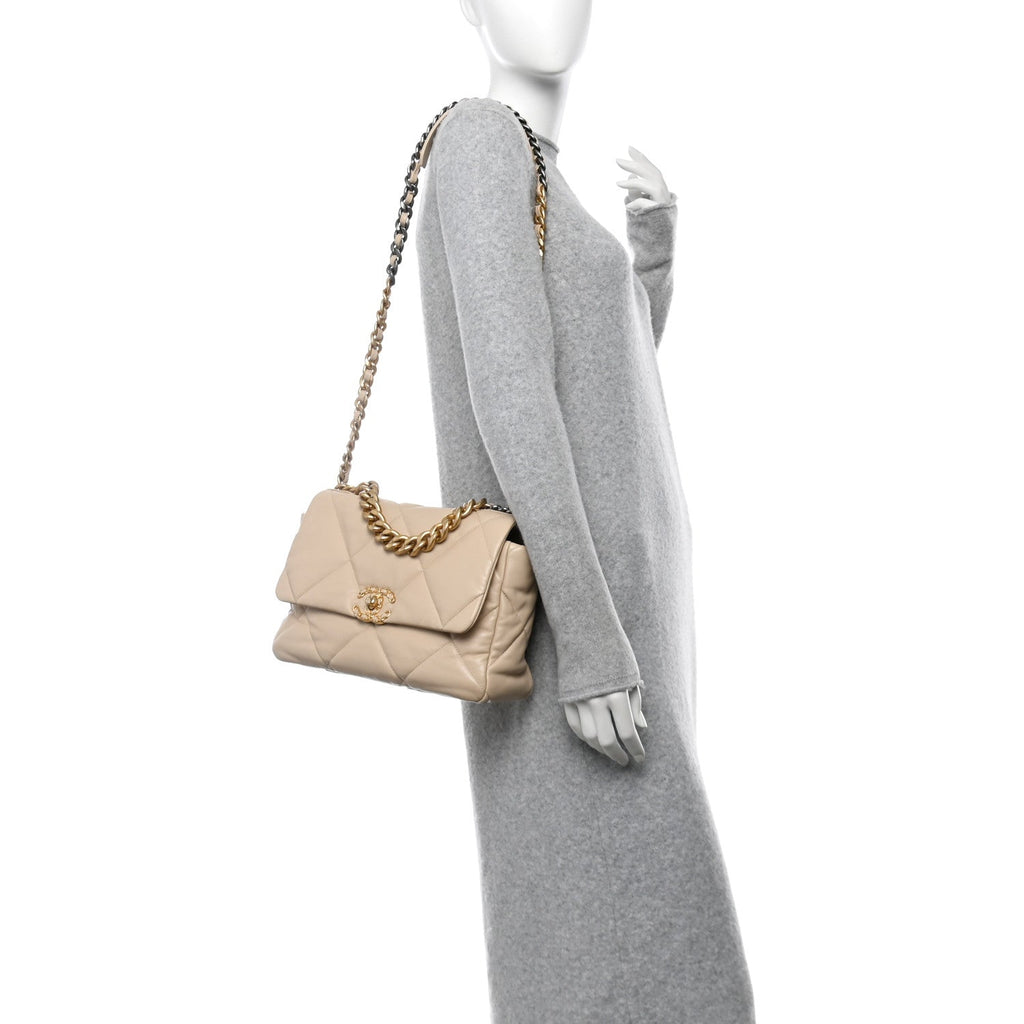 Lambskin Quilted Large Chanel 19 Flap Beige